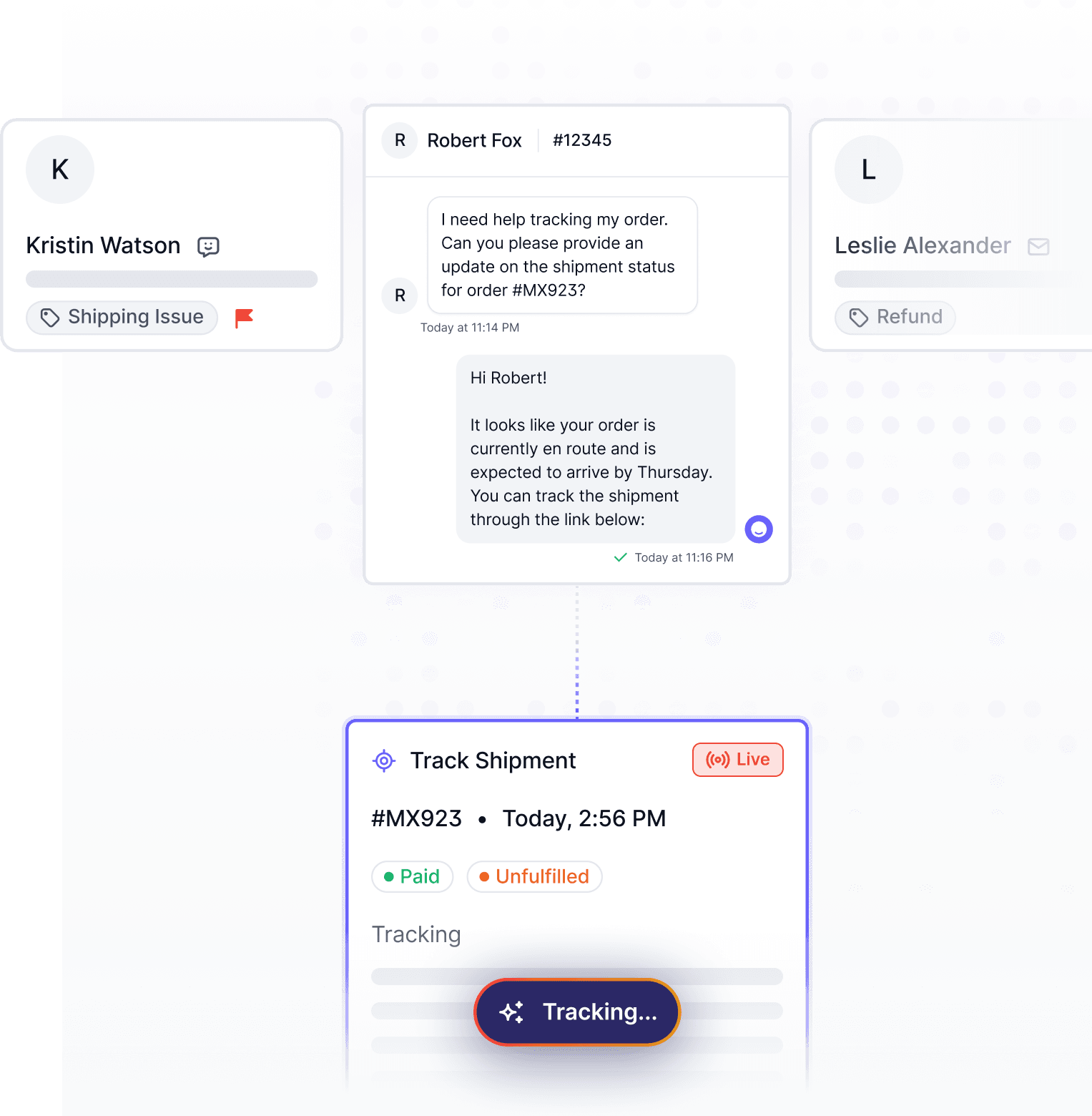 AI powered helpdesk showing conversation with Robert Fox about shipment tracking